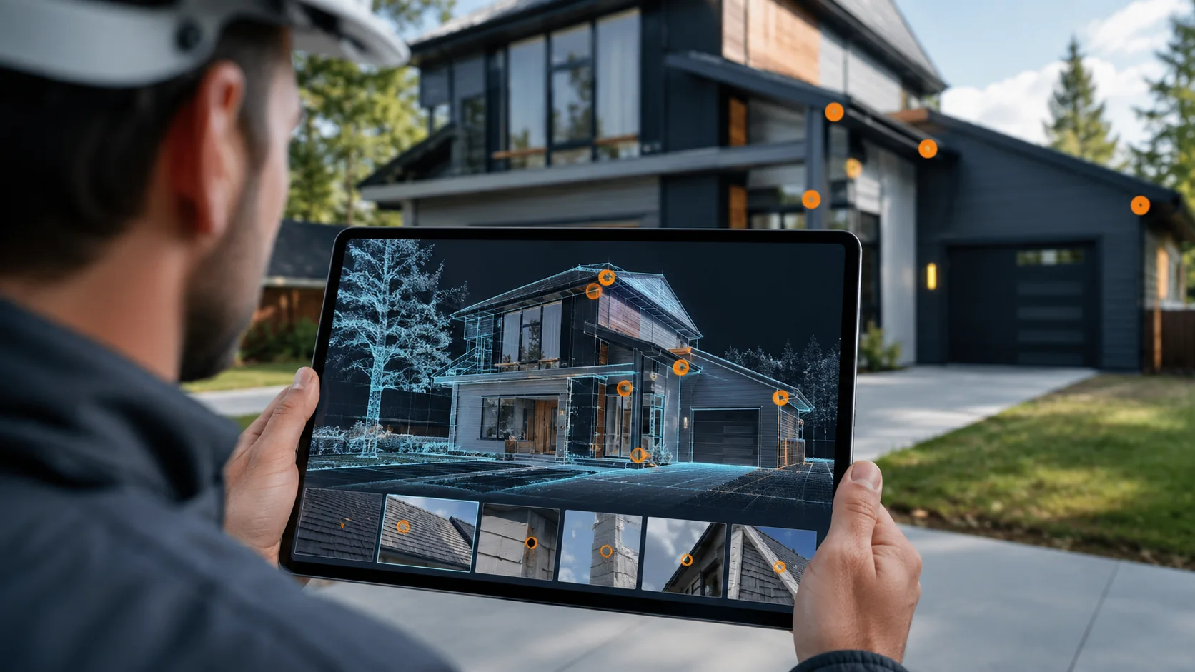 Inspector visualizando un modelo tridimensional de una vivienda y puntos de inspección